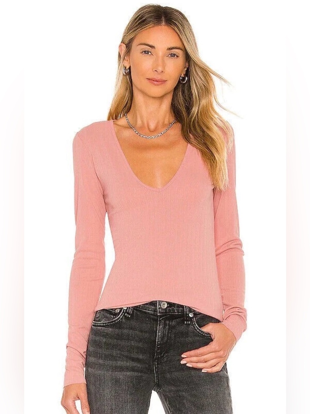RAG & BONE Zoe Deep Vee Long Sleeve Top In Mauv Dot Dusty Rose Stretch Revolve